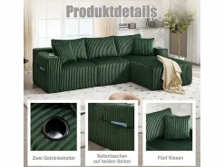 DripeX Sofá Esquinero Modular 3 Plazas, de Pana, con Portavasos, Cojines y Bolsillos Laterales, Chaise Longue 118cm,