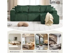 DripeX Sofá Esquinero Modular 3 Plazas, de Pana, con Portavasos, Cojines y Bolsillos Laterales, Chaise Longue 118cm,