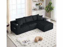 New Sofá Esquinero Modular 3 Plazas, de Pana, con Portavasos, Cojines y Bolsillos Laterales, Chaise Longue 118cm, Sofás Club