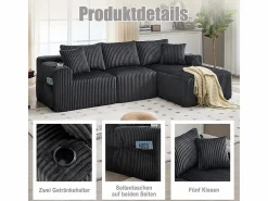 Online DripeX Sofá Esquinero Modular 3 Plazas, de Pana, con Portavasos, Cojines y Bolsillos Laterales, Chaise Longue 118cm, Gris