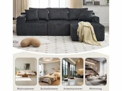 Online DripeX Sofá Esquinero Modular 3 Plazas, de Pana, con Portavasos, Cojines y Bolsillos Laterales, Chaise Longue 118cm, Gris