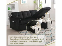 Sale Sofá esquinero modular convertible - 3 plazas con almacenaje - Incluye cojines y bolsillo lateral - 2 en 1 (día/noche) Negro