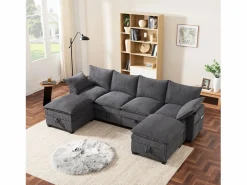 Clearance Sofá moderno - 4 plazas - Reposapiés extraíble - Puertos USB - Compartimentos de almacenamiento + Portavasos - ​​​ Sofá - 4 Plazas