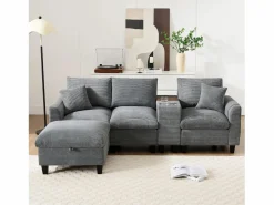 Merax Sofá moderno de 4 plazas con reposapiés con almacenaje, 2 portavasos y puerto USB. Medidas: 229 x 149,5 x 83 cm. Tapizado en terciopelo . Gris