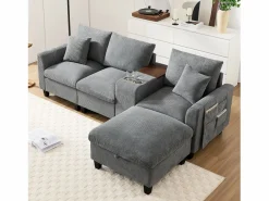 Merax Sofá moderno de 4 plazas con reposapiés con almacenaje, 2 portavasos y puerto USB. Medidas: 229 x 149,5 x 83 cm. Tapizado en terciopelo . Gris
