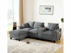 Merax Sofá moderno de 4 plazas con reposapiés con almacenaje, 2 portavasos y puerto USB. Medidas: 229 x 149,5 x 83 cm. Tapizado en terciopelo . Gris