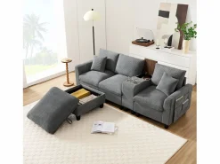 Merax Sofá moderno de 4 plazas con reposapiés con almacenaje, 2 portavasos y puerto USB. Medidas: 229 x 149,5 x 83 cm. Tapizado en terciopelo . Gris