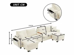 Sale ModernLuxe Sofá moderno en forma de U - con USB, Type-C y lámpara de lectura - con luces LED en la puerta - con portavasos y 2 reposapiés - pana acanalada - Beige