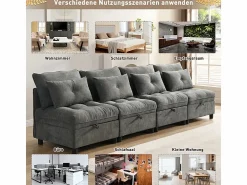 Outlet DripeX Sofá Modular 4 Plazas en Chenilla - con 8 Cojines y 4 Almacenamientos - Carga Máx. 500kg - 274x76x87cm - Gris