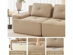 Outlet DripeX Sofá Modular 2 plazas en Pana con 2 cojines, sin montaje, 204x104x69cm, Beige
