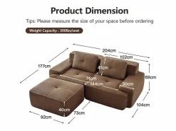 Online Sofá Modular 2 plazas en Pana, con otomana y 2 cojines, 204x177x69cm, Marrón Sofá Modular|Sofás Club