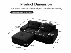 DripeX Sofá Modular 2 plazas en Pana, con otomana y 2 cojines, 204x177x69cm,