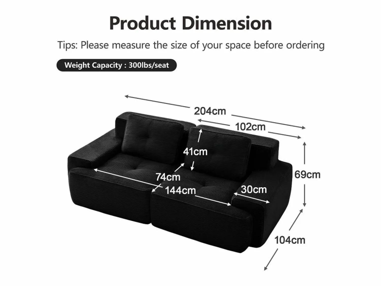 Best DripeX Sofá Modular 2 plazas en Pana con 2 cojines, sin montaje, 204x104x69cm, Negro
