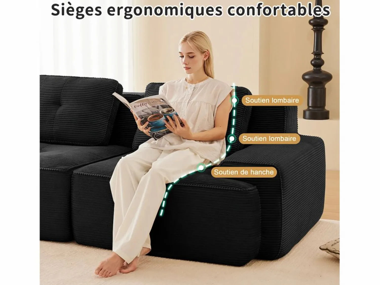Best DripeX Sofá Modular 2 plazas en Pana con 2 cojines, sin montaje, 204x104x69cm, Negro