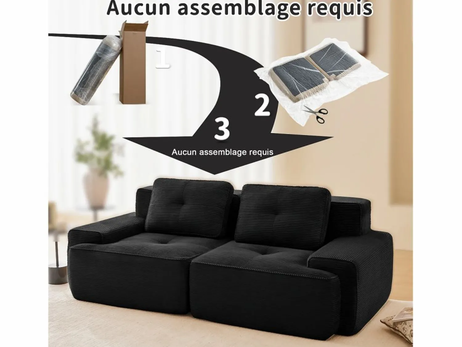 Best DripeX Sofá Modular 2 plazas en Pana con 2 cojines, sin montaje, 204x104x69cm, Negro