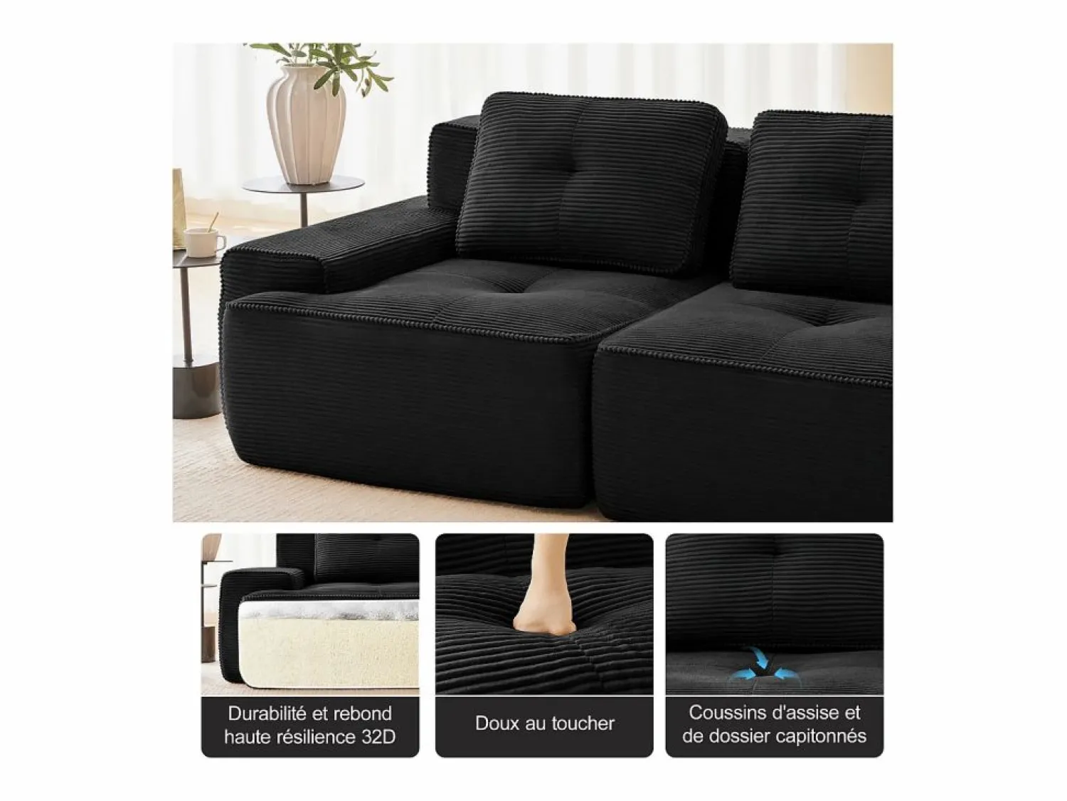 Best DripeX Sofá Modular 2 plazas en Pana con 2 cojines, sin montaje, 204x104x69cm, Negro