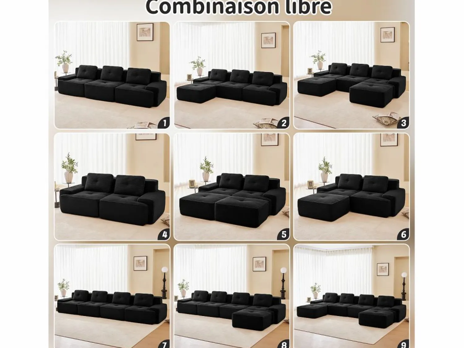 Best DripeX Sofá Modular 2 plazas en Pana con 2 cojines, sin montaje, 204x104x69cm, Negro