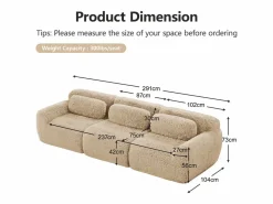 DripeX Sofá Modular 3 plazas en tela peluche, con 3 cojines, sin estructura, 291x104x73cm,