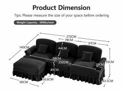 Sofá Modular 3 plazas Estilo Mid Century Falda removible Versátil Chenilla