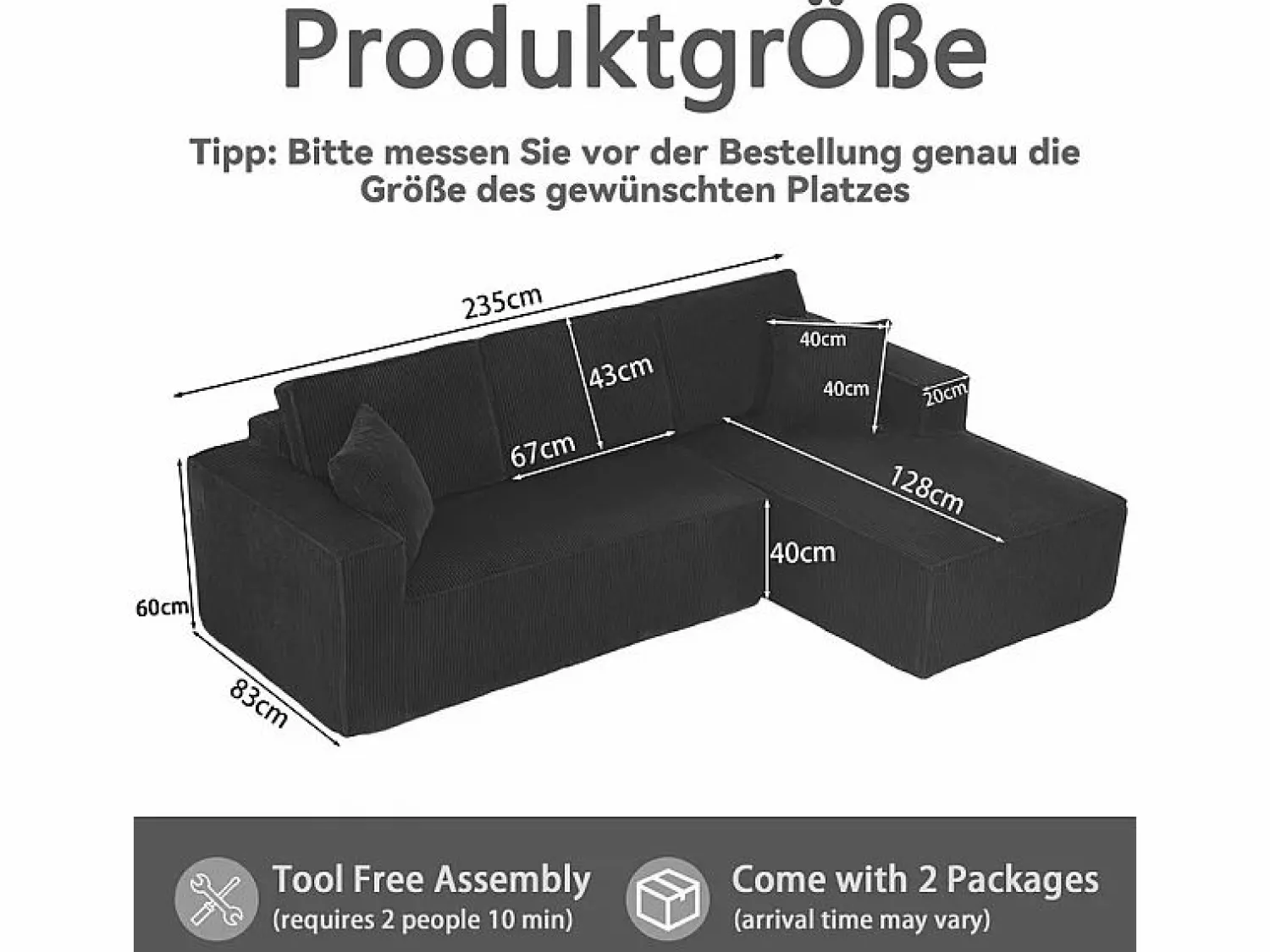 DripeX Sofá modular 3 plazas ángulo derecho terciopelo acanalado, 2 cojines, chaise longue 128cm,