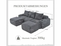 Merax Sofá modular de 3 plazas - 268 x 174 x 80 cm - con 2 pufs + portavasos + bolsillo de almacenamiento - terciopelo - oscuro Gris