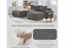 Merax Sofá modular de 3 plazas - 268 x 174 x 80 cm - con 2 pufs + portavasos + bolsillo de almacenamiento - terciopelo - oscuro Gris