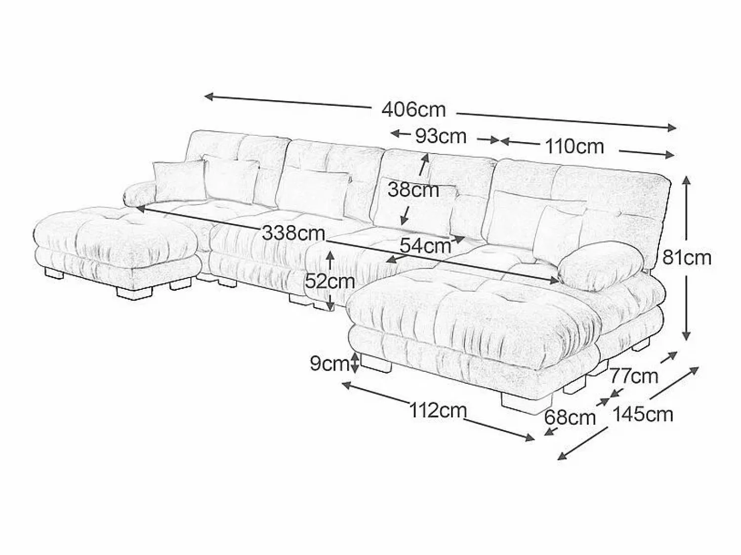 Sale Sofá modular esquina 4 plazas - con 2 pouf y 6 cojines - DIY forma U/L - 406x145x81cm - Sofá Modular|Sofás Club