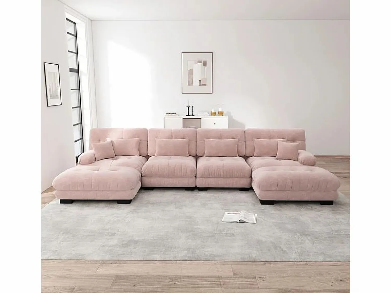 Outlet Sofá modular esquina 4 plazas - con 2 pouf y 6 cojines - DIY forma U/L - 406x145x81cm - Sofá Modular|Sofás Club