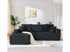 Hot DripeX Sofá modular ángulo izquierdo terciopelo acanalado, 2 cojines y chaise longue 128cm, Negro
