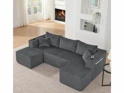 Sofá modular ángulo terciopelo acanalado, 2 pufs, portavasos y cojines, , 230x138x75cm Sofás Club