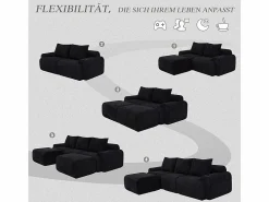 Outlet DripeX Sofá modular ángulo terciopelo acanalado, portavasos, 2 pufs y 3 cojines, 268x174x80cm, Negro