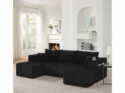 Online DripeX Sofá modular ángulo terciopelo acanalado, 2 pufs, portavasos y cojines, , 230x138x75cm Negro
