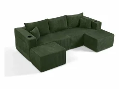Best DripeX Sofá modular ángulo terciopelo acanalado, 2 pufs, portavasos y cojines, , 230x138x75cm Verde