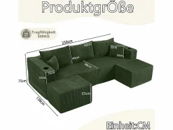 Best DripeX Sofá modular ángulo terciopelo acanalado, 2 pufs, portavasos y cojines, , 230x138x75cm Verde