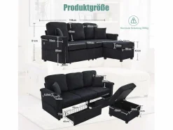 Discount Sofá de 4 plazas - Sofá esquinero con iluminación LED y reposapiés con almacenaje - portavasos y bolsillos laterales - pana Negro