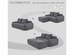DripeX Sofá ángulo modular terciopelo acanalado, portavasos, 2 pufs y 2 cojines, 200x174x80cm,