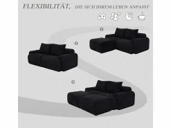 Best DripeX Sofá ángulo modular terciopelo acanalado, portavasos, 2 pufs y 2 cojines, 200x174x80cm, Negro