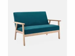 Sweeek Sofá o banco con tela y patas de madera, 2 plazas azul esmeralda
