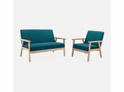Sweeek Sofá o banco con tela y patas de madera, 2 plazas azul esmeralda