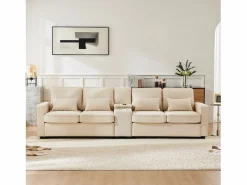 Sofá recto de 4 plazas con consola - 2 portavasos y USB - bolsillos laterales y 4 almohadas - tejido de lino