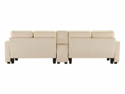 Sofá recto de 4 plazas con consola - 2 portavasos y USB - bolsillos laterales y 4 almohadas - tejido de lino