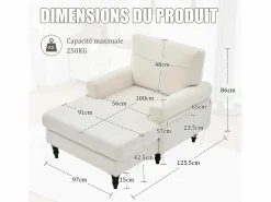 Discount Sofá Relax de 1 Plaza en Felpa - Respaldo Envolvente - Asiento Extra Profundo 100cm - Estructura 250kg - Ideal para Salón, Oficina y Balcón - Pies de Madera Maciza Beige