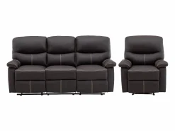 Vente-unique Sofá relax de 3+1 plazas de piel sintética marrón pespuntes beige CANBY