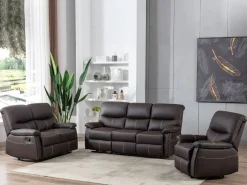 Vente-unique Sofá relax de 3+1 plazas de piel sintética marrón pespuntes beige CANBY
