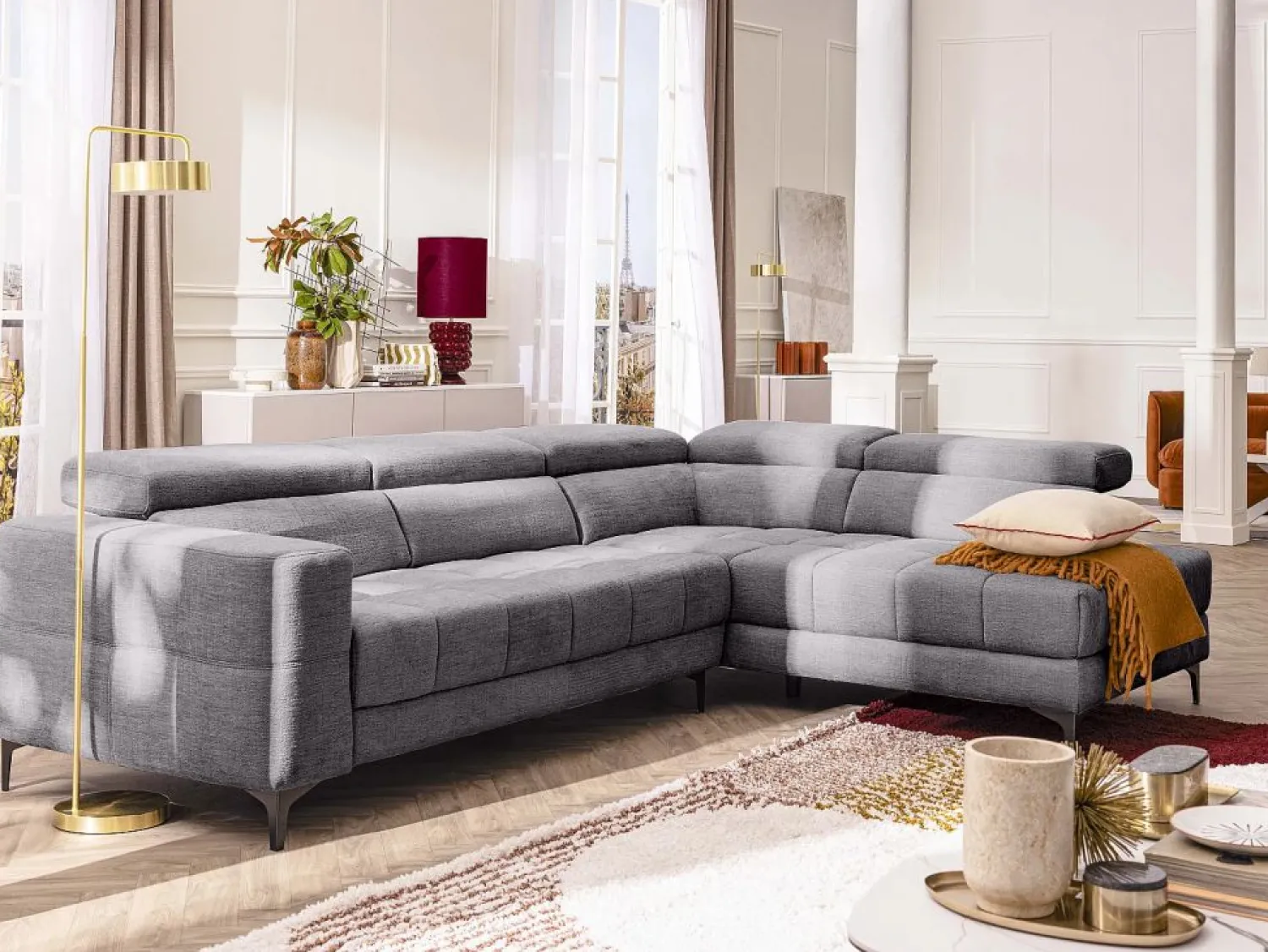 Online Vente-unique Sofá rinconera derecha relax eléctrico con asiento deslizante de tela antracita MONISO Gris antracita
