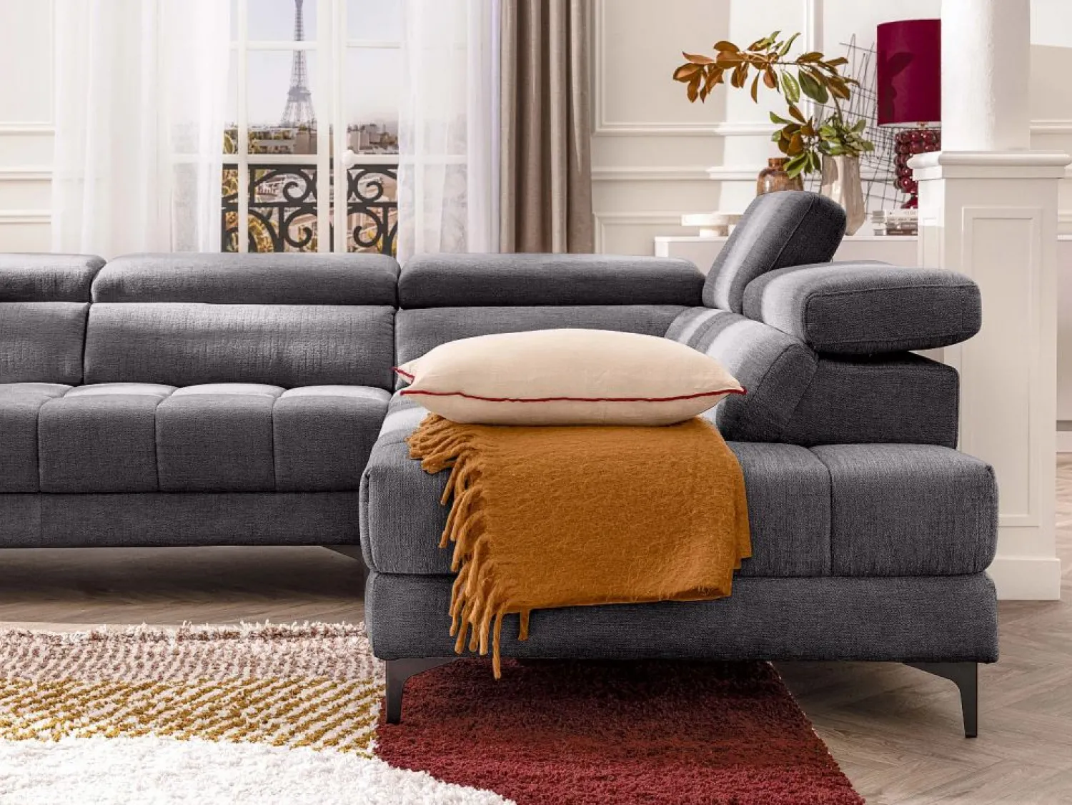 Online Vente-unique Sofá rinconera derecha relax eléctrico con asiento deslizante de tela antracita MONISO Gris antracita