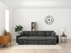 Outlet Vente-unique Sofá rinconera panorámico convertible con almacenamiento y pufs en tejido antracita SELIM Gris antracita