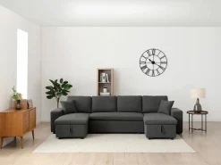 Outlet Vente-unique Sofá rinconera panorámico convertible con almacenamiento y pufs en tejido antracita SELIM Gris antracita