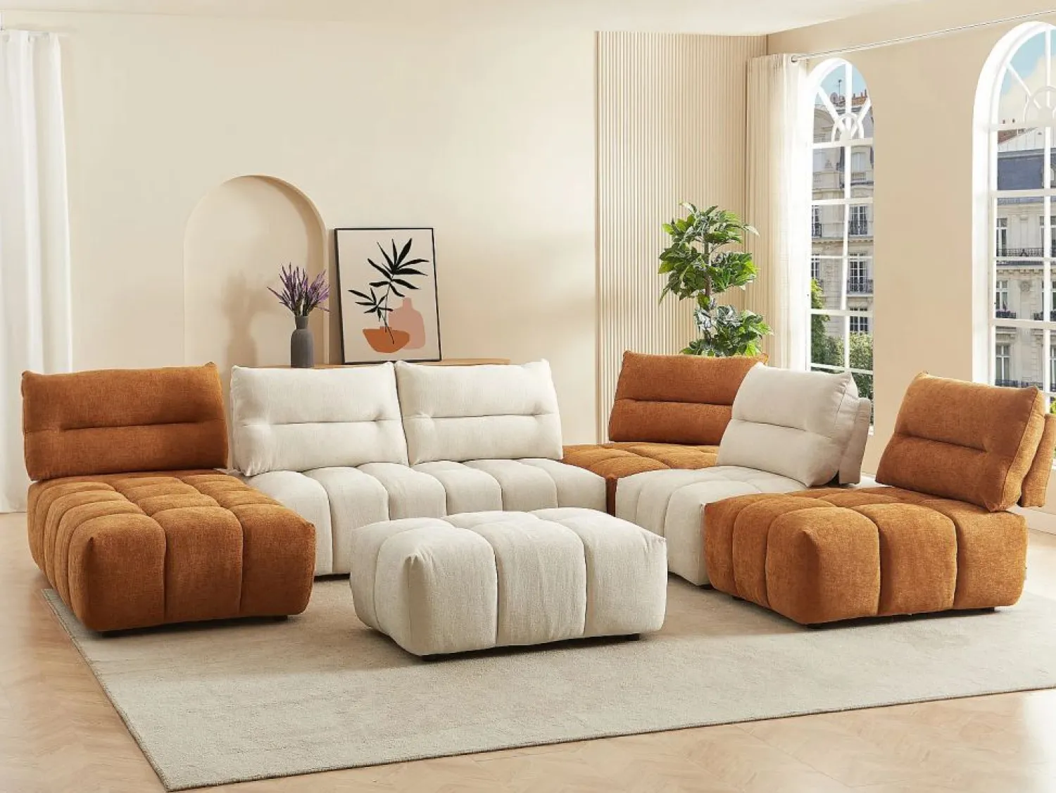 Vente-unique Sofá rinconera panorámico modular y puf con respaldo avanzar-retroceder beige y terracota APOLIU