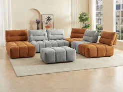 Vente-unique Sofá rinconera panorámico modular y puf con respaldo avanzado-retroceso gris y terracota APOLIU